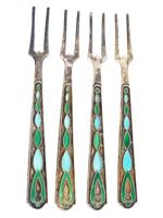 RUSSIAN SOVIET 875 SILVER ENAMEL OLIVE FORK SET