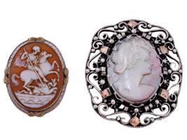 TWO VINTAGE GOLD AND SILVER CAMEO BROOCHES