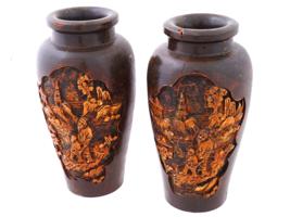 PAIR OF CHINESE BOXWOOD LACQUERED CARVED VASES