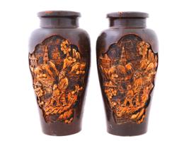 PAIR OF CHINESE BOXWOOD LACQUERED CARVED VASES