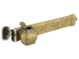 ISLAMIC GILT BRASS QALAMDAN PEN BOX WITH INKWELL