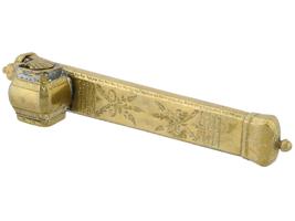 ISLAMIC GILT BRASS QALAMDAN PEN BOX WITH INKWELL