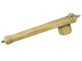 ISLAMIC GILT BRASS QALAMDAN PEN BOX WITH INKWELL