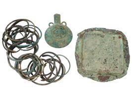 COLLECTION OF ANCIENT BRONZE BRACELETS, FLASK AND TRAY