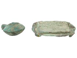 COLLECTION OF ANCIENT BRONZE BRACELETS, FLASK AND TRAY