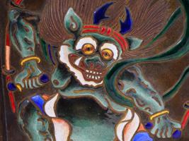 VINTAGE JAPANESE ENAMELED PLAQUES RAIJIN AND FUJIN