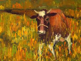 IMPRESSIONIST MANNER COW LANDSCAPE OIL PAINTING