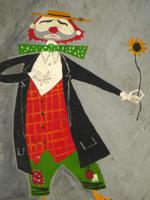 MID CENTURY OIL PAINTING CLOWN WITH FLOWER SIGNED