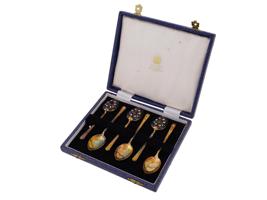 ENGLISH GILT SILVER ENAMEL SPOONS SET MAPPIN WEBB