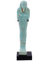 EGYPTIAN FAIENCE USHABTI FIGURE WITH CHARACTERS ON BASE