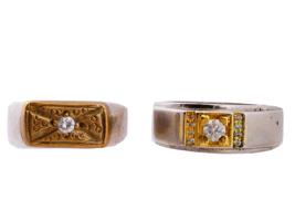 TWO STERLING SILVER 14K GOLD AND DIAMOND RINGS