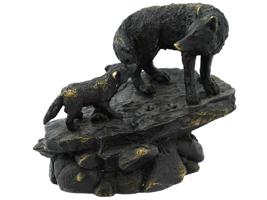 EUROPEAN PATINATED BRONZE SHE WOLF W CUB SCULPTURE