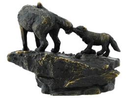 EUROPEAN PATINATED BRONZE SHE WOLF W CUB SCULPTURE