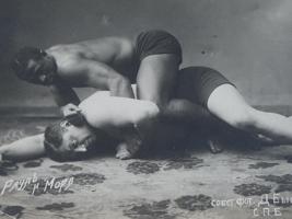 ANTIQUE RUSSIAN BYSTROV STUDIO PHOTO OF WRESTLERS