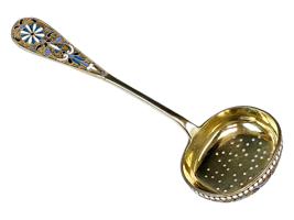 19TH CEN RUSSIAN GILT SILVER ENAMEL TEA STRAINER