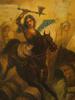 AMERICAN ALLEGORICAL WOMANS HOLY WAR OIL PAINTING PIC-1