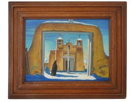 NAITIVE AMERICAN INDIAN CHURCH OIL PAINTING 1930S