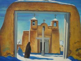 NAITIVE AMERICAN INDIAN CHURCH OIL PAINTING 1930S