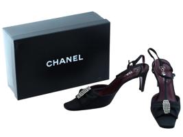 CHANEL BLACK SATIN EMBELLISHED T STRAP HEELS IOB