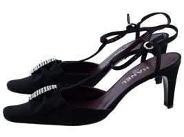 CHANEL BLACK SATIN EMBELLISHED T STRAP HEELS IOB