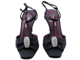 CHANEL BLACK SATIN EMBELLISHED T STRAP HEELS IOB