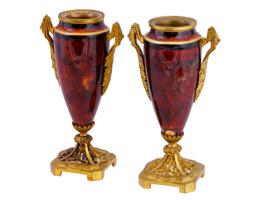 ANTIQUE FRENCH GILT BRASS ENAMELED PORCELAIN VASES