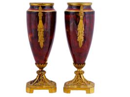 ANTIQUE FRENCH GILT BRASS ENAMELED PORCELAIN VASES