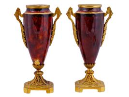 ANTIQUE FRENCH GILT BRASS ENAMELED PORCELAIN VASES