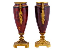 ANTIQUE FRENCH GILT BRASS ENAMELED PORCELAIN VASES