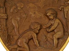 OVAL PATINATED BRONZE WALL PLAQUES W CHERUB DECOR