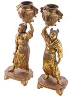 ANTIQUE JAPANESE MEIJI FIGURAL BRONZE CANDLE HOLDERS