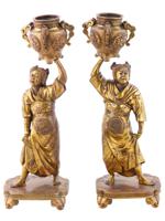 ANTIQUE JAPANESE MEIJI FIGURAL BRONZE CANDLE HOLDERS