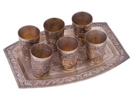 ANTIQUE CHINESE SILVER SET OF CUPS ON TRAY DRAGON MOTIF