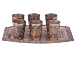 ANTIQUE CHINESE SILVER SET OF CUPS ON TRAY DRAGON MOTIF