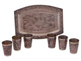 ANTIQUE CHINESE SILVER SET OF CUPS ON TRAY DRAGON MOTIF