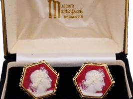 VINTAGE MENS INCOLAY CARNELIAN CAMEO CUFFLINKS IOB