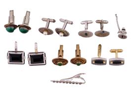 VINTAGE MENS STERLING SILVER CUFFLINKS AND TIE PINS