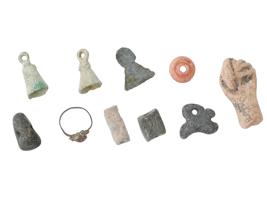 GROUP OF ANCIENT ARTIFACTS BELLS BEADS AMULETS