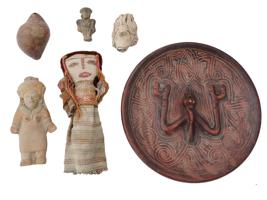 ANCIENT PRE COLUMBIAN CLAY ARTIFACTS AND A RAG DOLL