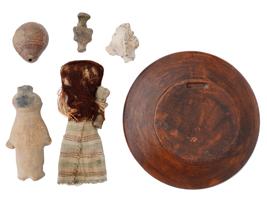 ANCIENT PRE COLUMBIAN CLAY ARTIFACTS AND A RAG DOLL