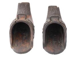 PAIR OF ANTIQUE CARVED WOOD STIRRUPS WITH IRON MOUNTS