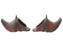 PAIR OF ANTIQUE CARVED WOOD STIRRUPS WITH IRON MOUNTS