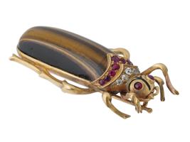 RUSSIAN GOLD TIGERS EYE DIAMOND RUBY BUG BROOCH