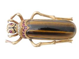 RUSSIAN GOLD TIGERS EYE DIAMOND RUBY BUG BROOCH