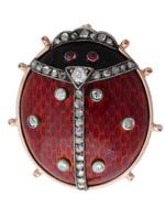 RUSSIAN GOLD ENAMEL ONYX GEMS LADYBUG BROOCH IOB