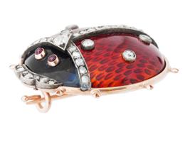 RUSSIAN GOLD ENAMEL ONYX GEMS LADYBUG BROOCH IOB