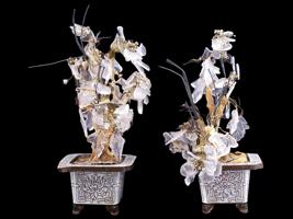 CHINESE ROCK CRYSTAL CLOISONNE PAIR BONSAI TREES