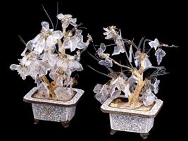 CHINESE ROCK CRYSTAL CLOISONNE PAIR BONSAI TREES