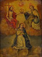 ANTIQUE SPANISH SCHOOL ICON ON TIN PLAQUE PAINTING