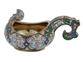 RUSSIAN GILT SILVER CLOISONNE ENAMEL PAN SLAVIC KOVSH